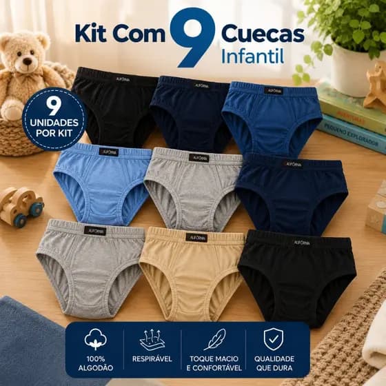 Kit 9 Cuecas Infantil Califórnia Menino 100% Algodão Cueca Infantil Masculina Confortável Cores Sortidas