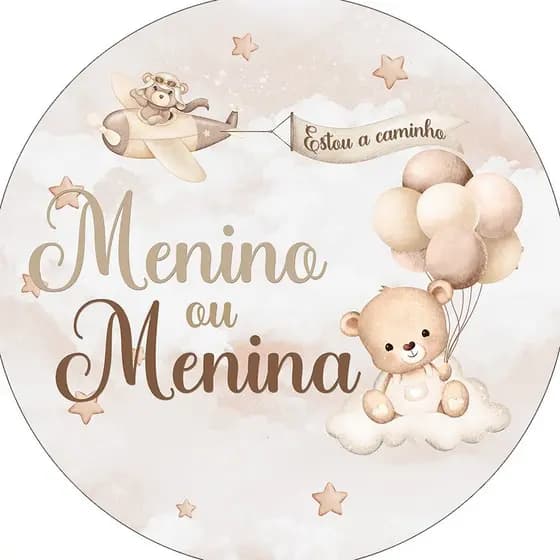Kit 50 Adesivos Chá Revelação – Urso Cute Bege, Redondo 5 cm, Unissex, Personalizados com Nome