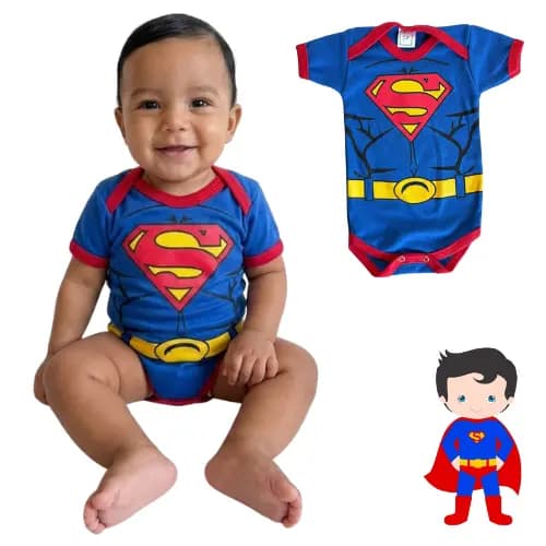 Body Temático Bebê Menino Fantasia Super Homem Mêsversário Super Confortável