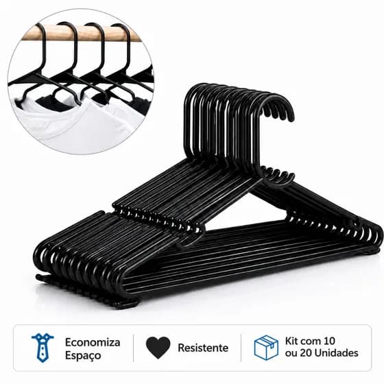 Cabide Preto Antideslizante Resistente Organizador de Armário Guarda-Roupa 10 ou 20 Unidades