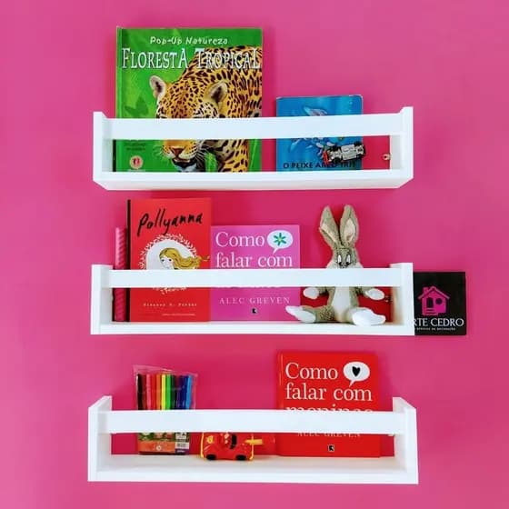 Kit 3 Suporte para livros Prateleiras organizadoras de objetos e livros infantis Estante Nicho de madeira MDF Resistente