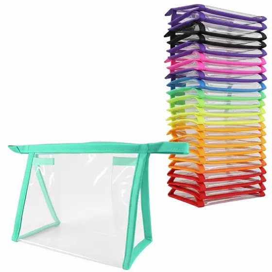 Necessaire Organizadora Kit 15 peças plástico cristal zíper varias cores
