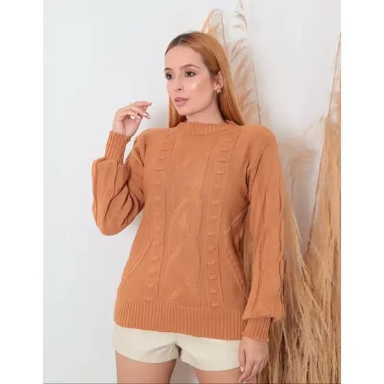 Blusa Trico Feminina Com Tranças Manga Longa Bufante