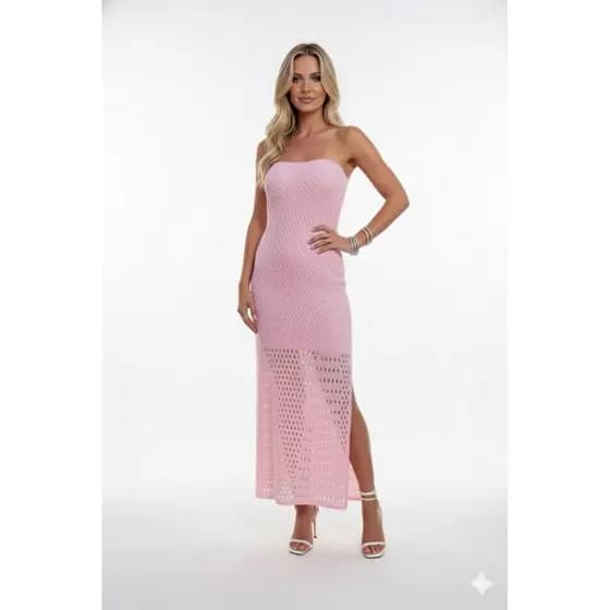 Vestido Tricô Modal Helena Midi Tomara que Caia com Fenda Lateral