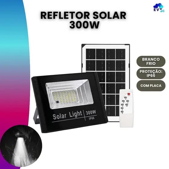 Refletor Solar Led Holofote 300w Placa Bateria Prova D'água