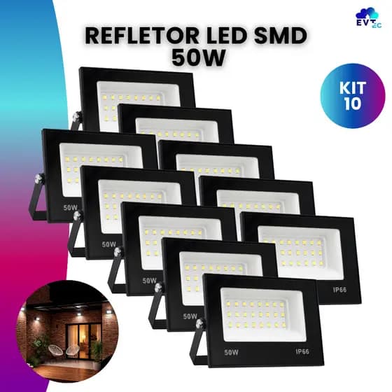 Kit 10 Refletor Led 50w Prova D'água Holofote Luz Frio Bivolt