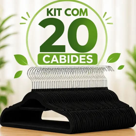 Kit 10 ou 20 Cabides Slim de Veludo Preto Antideslizante com Gancho Giratório