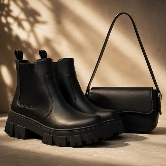 Kit Bota Chelsea Tratorada Feminina + Bolsa Preta Alça Curta Elegante Promoção Inverno Casual