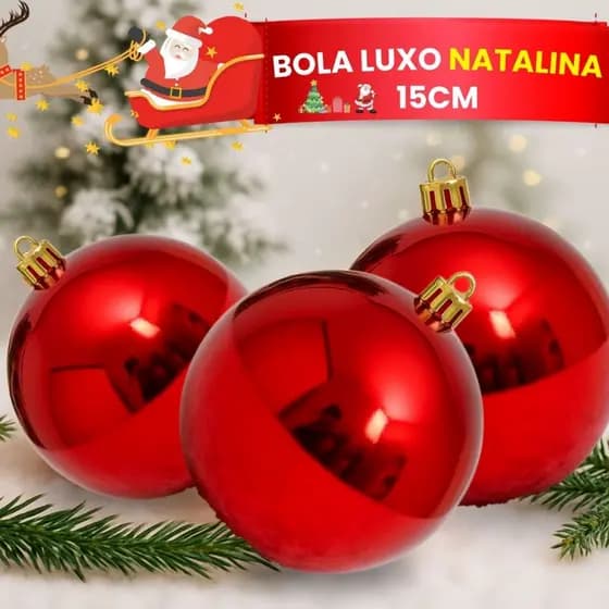 Kit 6 Bola Luxo Natal Grande 15cm Brilhante Lisa Vermelha Dourada Decoração Natalina Árvores Grandes
