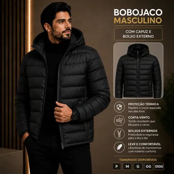 Jaqueta Bobojaco Masculina com Capuz Puffer Nylon Inverno Gominho Corta Vento Casaco Frio Bolso Interno