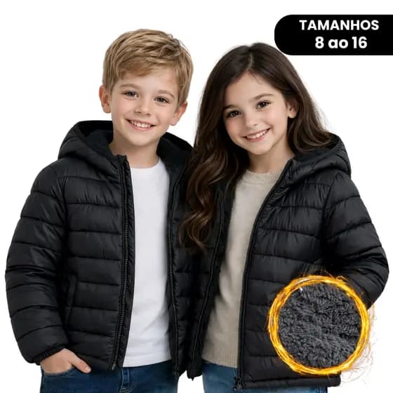 Jaqueta Infantil Bobojaco Puffer Inverno Forro Peluciado Super Quente Capuz Removível 8 a 16 Anos