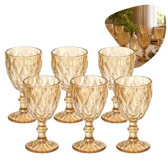 Jogo 6 Taças Diamond Âmbar 340ml Vidro Luxo Taça Vinho Água Festa Casamento