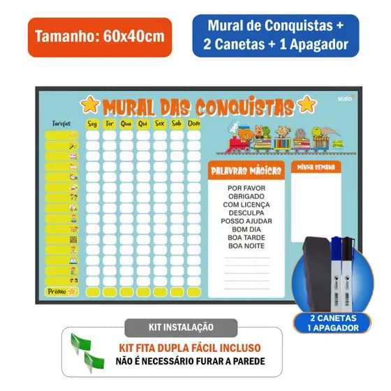 Quadro de Incentivo Infantil 60x40cm Quadro de Incentivo Infantil + 2 Canetas + Apagador