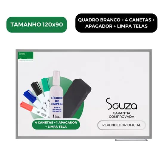 Quadro Branco Lousa 120x90cm Moldura Alumínio Souza + 4 Canetas + Apagador + Limpa Telas