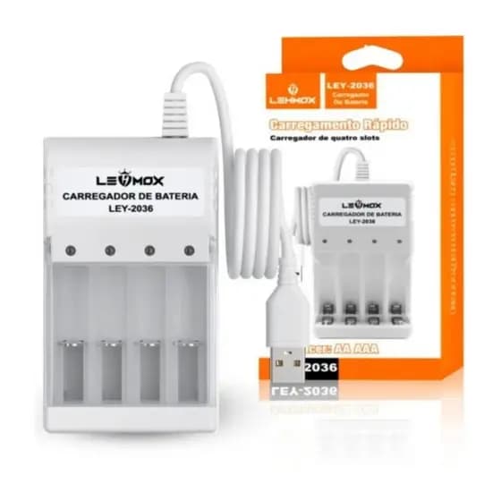 Carregador De Pilhas E Baterias Recarregaveis AA / AAA USB com 4 Slots Com Indicador De Carga LED