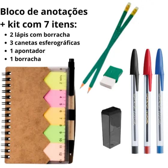 Bloco de Anotações com Autoadesivos e Caneta+ Kit 3 Canetas Esferográfica, Lápis Apontador Borracha