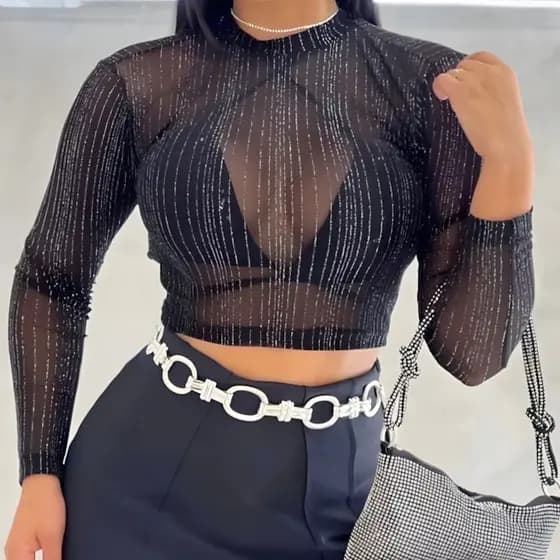 Cropped Feminino Manga Longa Transparente De Tule Com Brilho