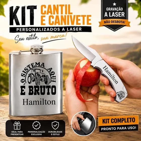 Cantil Inox + Faca de Frutas Personalizada a Laser Nome Figuras