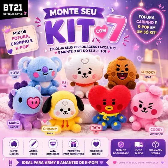 Kit Pelúcia BTS BT21 Kpop Army Original Super Macia Presente Fofo Personagens Variados