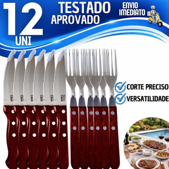 Jogo de Talheres Churrasco 12 Peças Inox Cabo Madeira Premium Outback Faca e Garfo Alta Durabilidade Outback