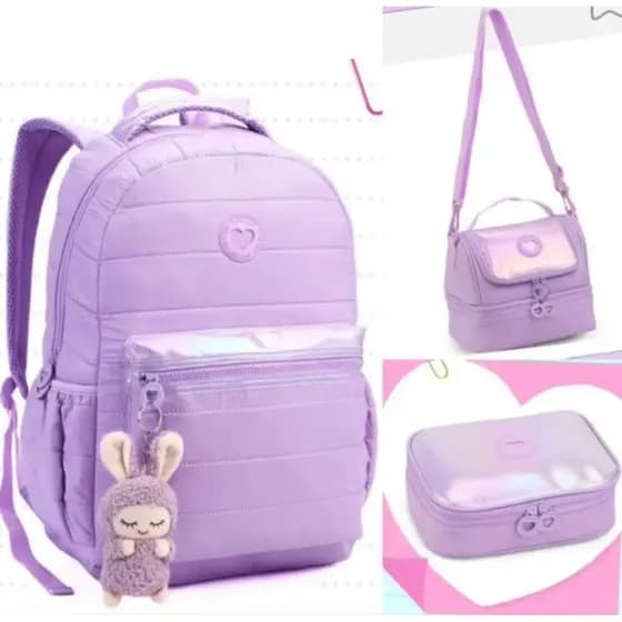 KIT MOCHILA JUVENIL FEMININA LISO COM LANCHEIRA E ESTOJO ESCOLAR DENLEX/MOCHILA JUVENIL/MOCHILA INFANTIL/MOCHILA DENLEX