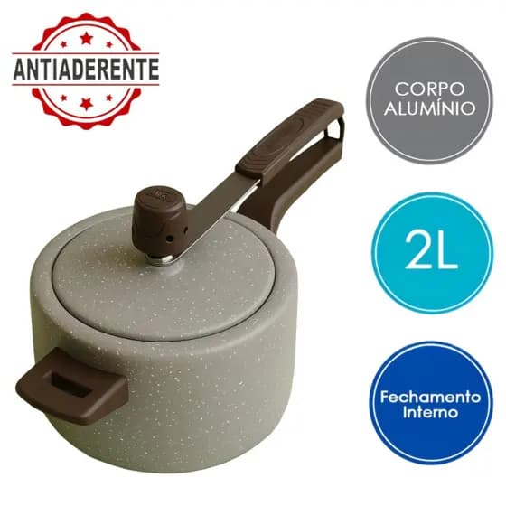 Panela De Pressão 2 Litros Teflon Antiaderente Fechamento Interno Inmetro Alumínio Resistente Stone