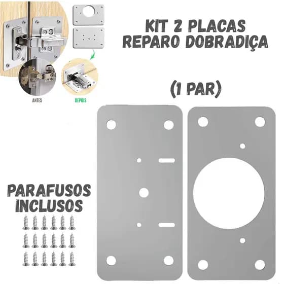 Kit Placa Para Reparo De Dobradiças Para Conserto De Porta De Armários Guarda Roupas Gabinete 1 Par