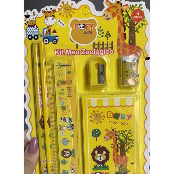 Kit Escolar Infantil Zoológico Fofy 6 Peças | Lápis Régua Apontador Borracha e Bloco | Papelaria Fofa Volta às Aulas