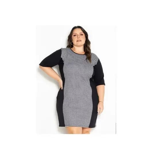 VESTIDO FEMININO PLUS SIZE XADREZ BRANCO E PRETO