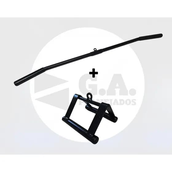 Kit puxador barra costas pulley 1,20m + puxador triângulo compacto musculação academia