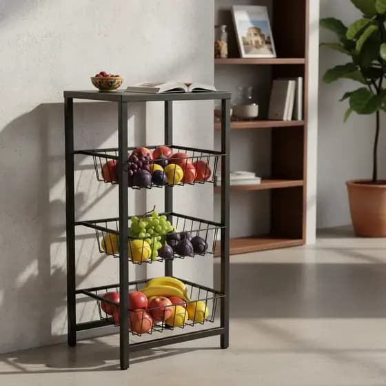 Fruteira de Chão para Cozinha com 3 cesta Móvel com Tampo em chapa para Micro-ondas Bebedouro