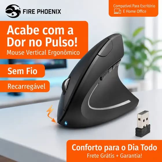 Mouse Vertical Ergonômico Sem Fio Recarregável Fire Phoenix D-M5 USB Silencioso para Notebook PC Gamer
