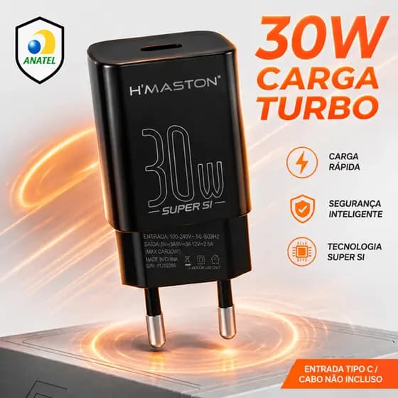 Carregador Fonte Rápido 30W Tipo C H'maston Homologado Anatel Compatível com Celulares