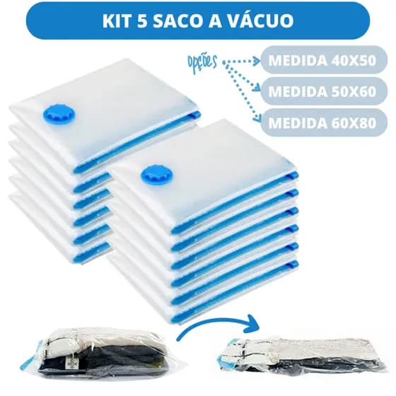 Kit 5 Sacos a Vácuo 50x60 Zíper Embalar Oraganizador Para Guarda Roupas