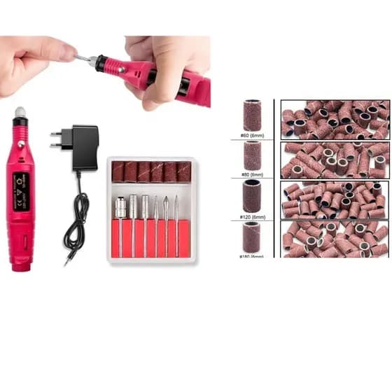 KIT Lixadeira Motor Caneta Bivolts Unha Lixa Elétrica Profissional Bloco Motor Bivolt+Lixa Refil para Broca50 Unidades