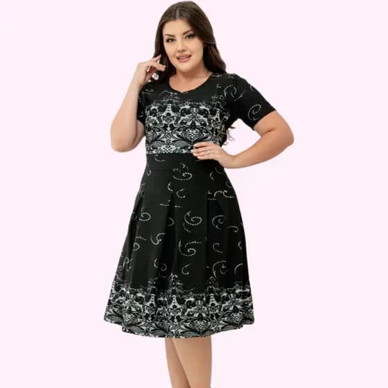 Vestido Midi com Relevo Godê e com Detalhes Preto