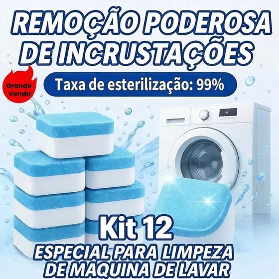 Kit 12 Limpador de máquina de lavar, comprimido efervescente sólido para remover manchas.