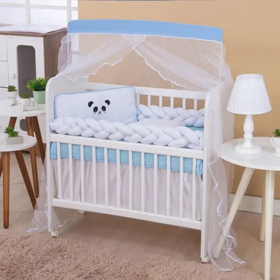 KIT MINI BERÇO PADRÃO PARA BEBÊ MENINO PANDA AZUL 7 PEÇAS