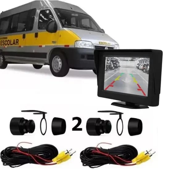 Kit Câmera Frontal + Ré Van Escolar Retrovisor Monitor LCD 4.3 Polegadas Retrátil