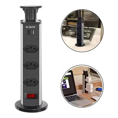 Torre Tomada Retrátil 3 Entradas + Usb Tipo C Embutir Deslizante Bivolt Multiplug Mesa