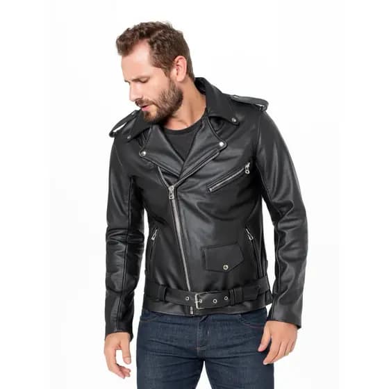 Jaqueta de Couro Legítimo Preto Moderna Rock