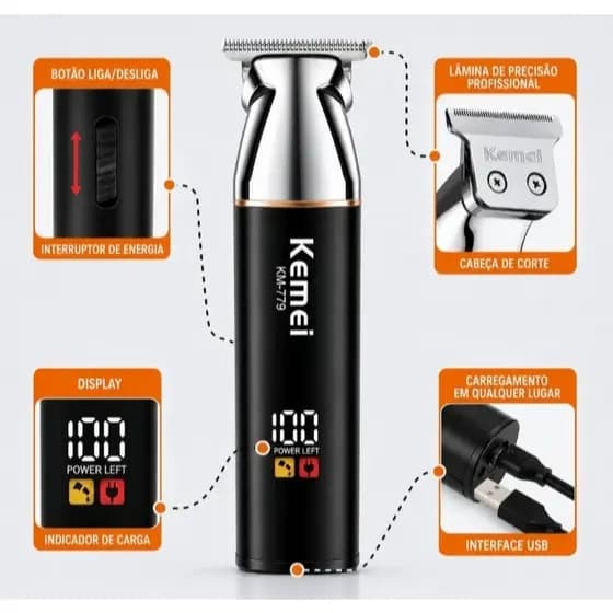 Maquina barbear Profissional babeador 100% Original Kemei km-779 Recarregavel Barba Sem Fio