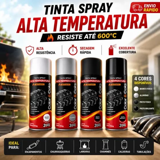 Tinta Spray Alta Temperatura 600°C Branco Preto Fosco Brilhante Alumínio 350ml