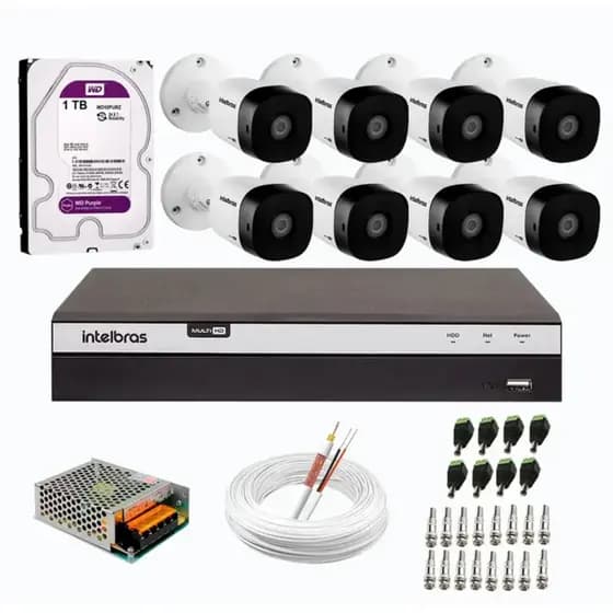Kit 8 Câmeras de Segurança Full HD VHD 1220 B + DVR Intelbras 08 Canais Full HD + HDX 1208C + HD 500gb