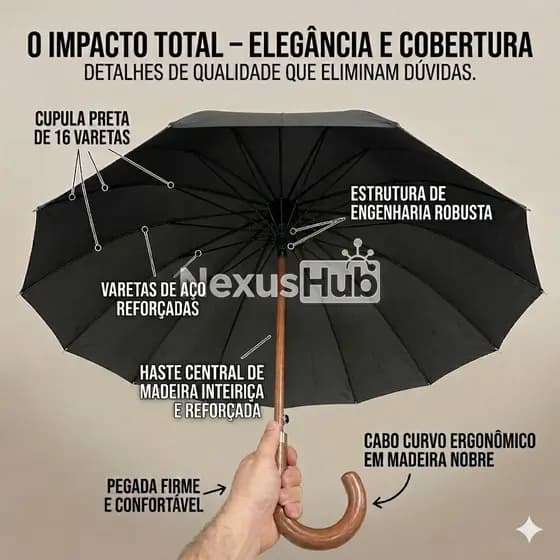 Guarda-chuva NexusHub 16 Varetas Reforçado Haste Madeira Nobre Cabo Curvo Premium Preto Unisex