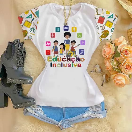 Tshirts feminina poliéster - Educação Inclusiva Manga Estampada