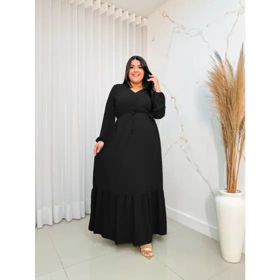 vestido longo femenino plus manga longa com cinto 197liso