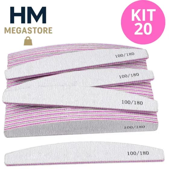 Kit 20 Lixas de Unha Bumerangue Lavável 100/180 Boomerang Banana Alongamento Gel Fibra Lixa