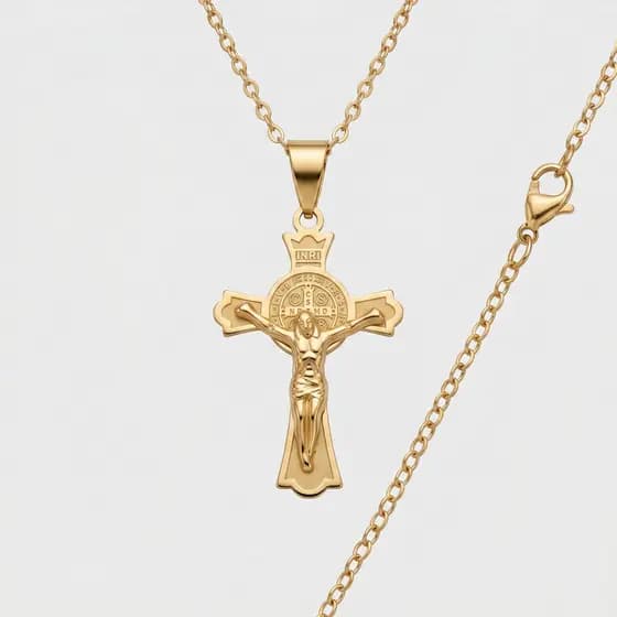 Corrente Crucifixo São Bento INRI Colar Cordão Semijoia Aço Inox 316L Banhada Ouro 18k Não Escurece