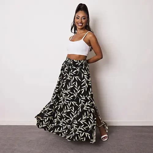 Saia Longa Estampada Folhas Viscolinho Fenda Lateral Bolso Casual Fashion